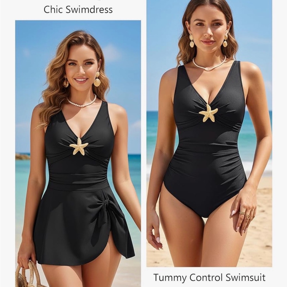Black V-Neck One-Piece Swimsuit with Gold Starfish Accent - Picture 2 of 3
